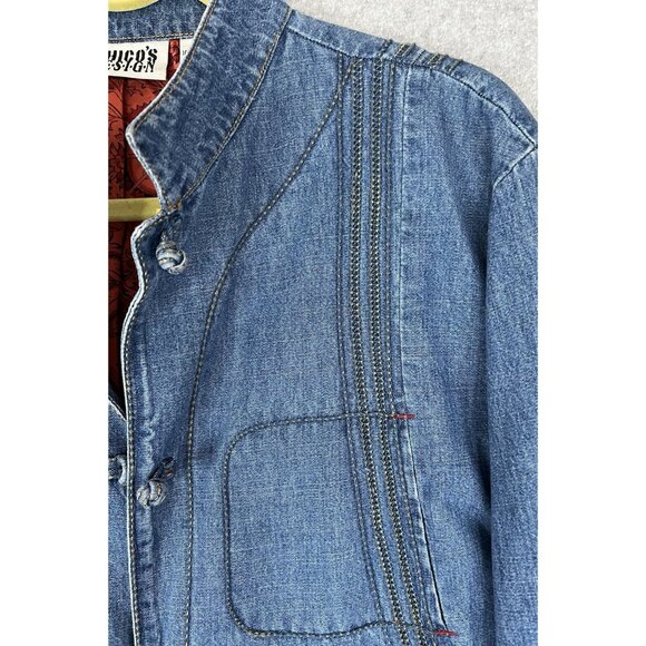 Chico’s Denim Jacket Women CHICO Size 3 Blue, Silk Lined Boho Loop Button - Picture 1 of 11